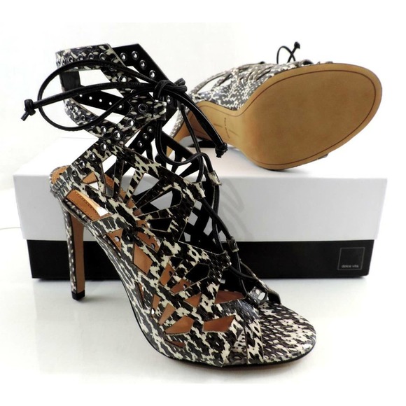 Dolce Vita Helena Lace Up Cutout Heel Sandal Black /White Snake Leather Size 7.5 - Picture 8 of 8